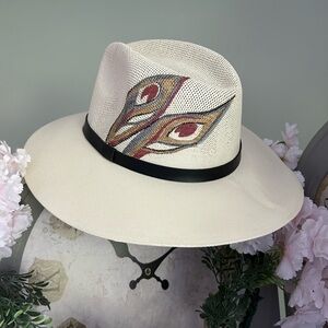 Unisex Mexican Cream Artisanal Hand Painted Fedora Hat Feathers Size Large